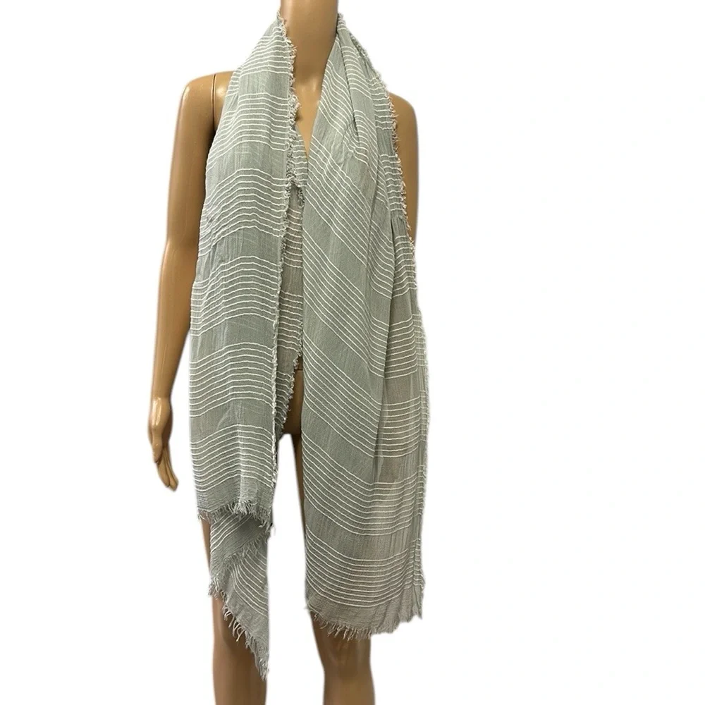 Light Green White Striped Blanket Scarf Wrap Sarong Coverup Raw Hem 32 x 80 Inch